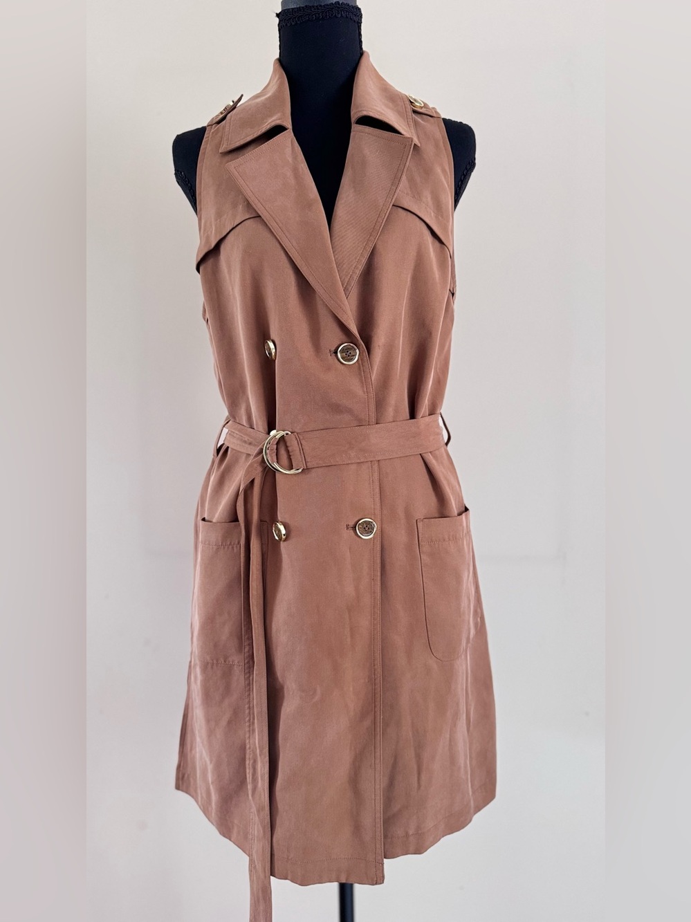 Chico's Double-Breasted Sleeveless Trench Dress in Tan Brown